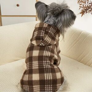 Plaid Dog Soft Fleece Hoodie in Brown and Cream Large 14” long 17” chest